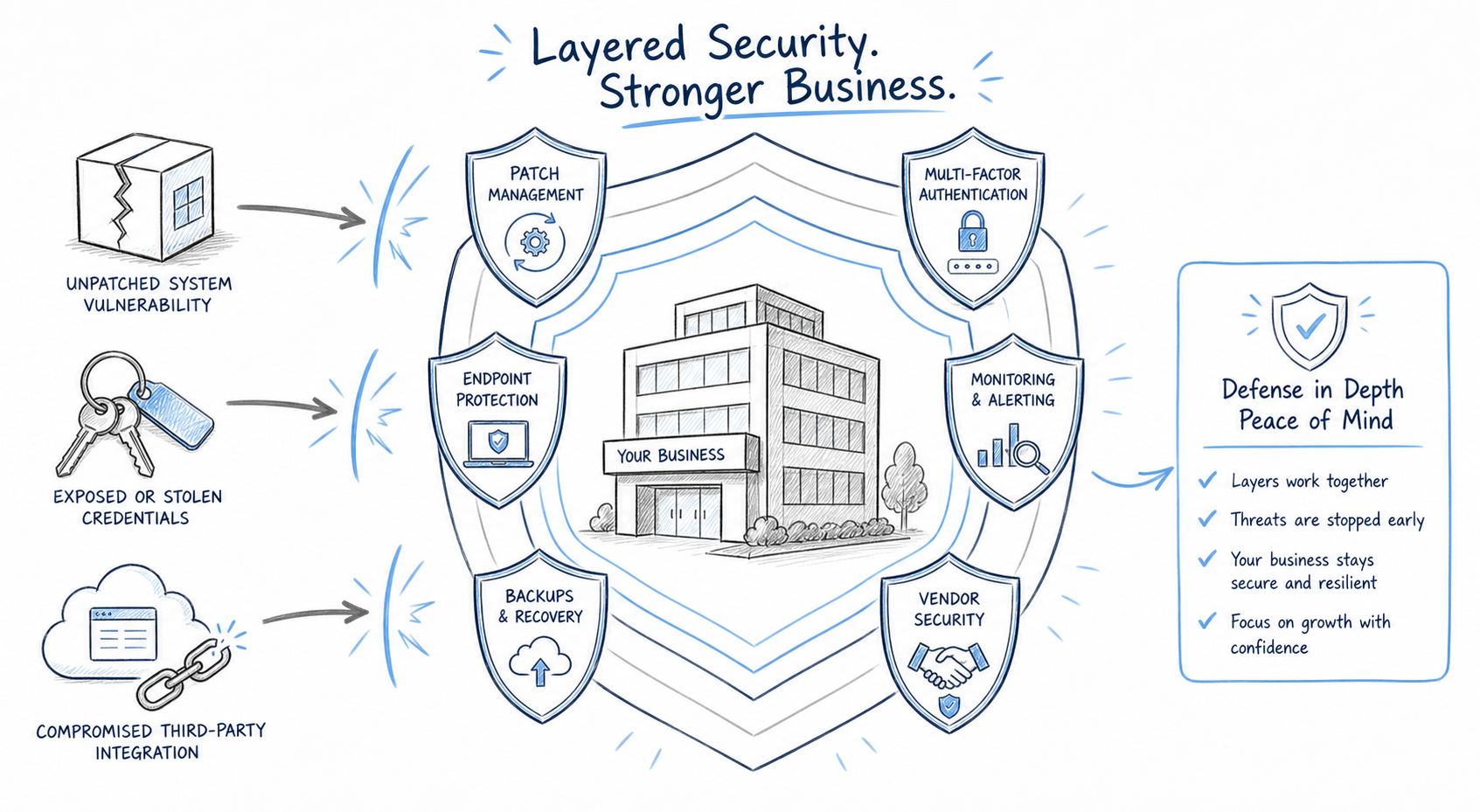Cybersecurity Threats Blocked by Security Layers on Whiteboard